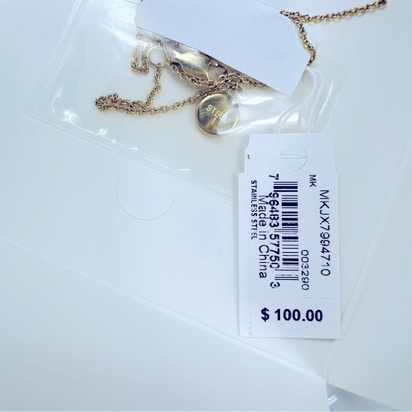 Michael Kors Gold Tone Logo Pendant With Rhinestone Accent Necklace NWT - Picture 7 of 10